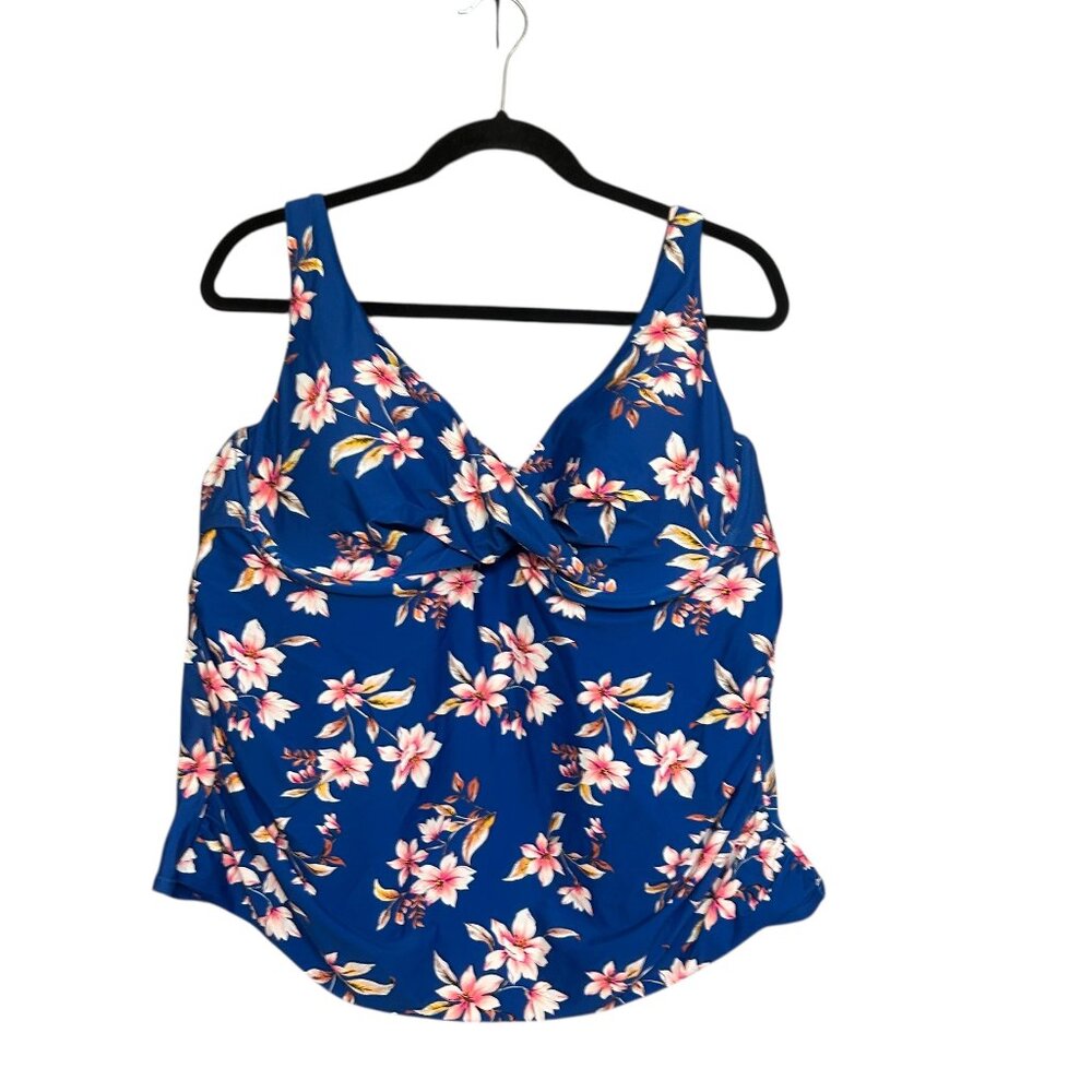 George Blue Pink Floral Twist-Front Underwire Tankini Top Plus Size 2X